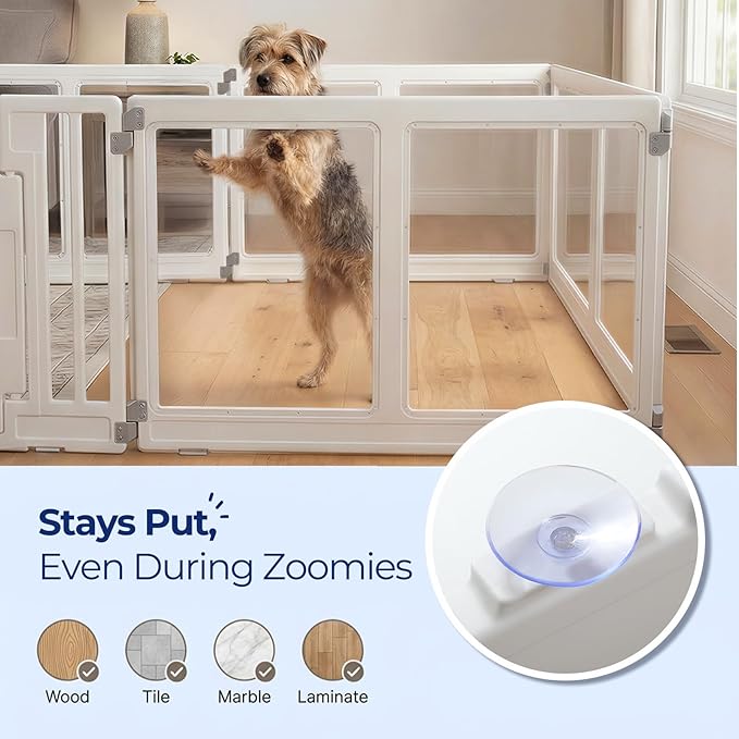 Clear Acrylic Dog Playpen with Door, Transparent Puppy Playpen for Small and Medium Puppies, Easy Assemble Pet Fence Indoor with Safety Lock (White, 69.3 x 35 x 22.4 Inch)