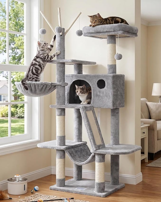 Hey-brother Cat Tree, 53 inch Cat Tower for Indoor Cats, Cat House with Padded Platform Bed, Toy Balls, Large Cozy Condo, Hammocks and Sisal Scratching Posts, Light Gray MPJ019-SW
