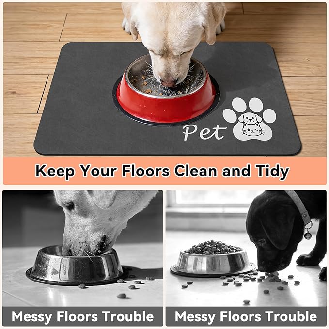 Dog Food Mat - Absorbent Cat Dog Bowl Mat for Food and Water, Quick Dry Pet Food Mats for Floors with Waterproof Rubber Backing, Puppy Cat Feeding Mats for Messy Drinkers,12"x20", Dark Grey