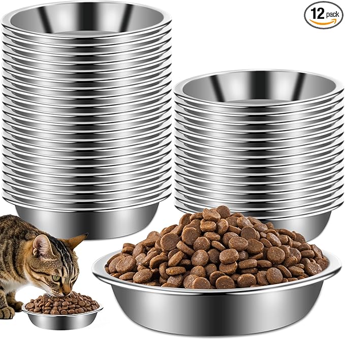 12Pcs Cat Bowls,Stainless Steel Cat Food Bowls,Metal Cat Dishes Whisker Fatigue Relief,Shallow Cat Food Dish for Indoor Kitten,Replacement Basic Cat Plates for Elevated Stand(5.5 Inch)