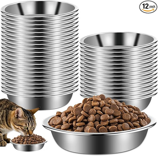 12Pcs Cat Bowls,Stainless Steel Cat Food Bowls,Metal Cat Dishes Whisker Fatigue Relief,Shallow Cat Food Dish for Indoor Kitten,Replacement Basic Cat Plates for Elevated Stand(5.5 Inch)