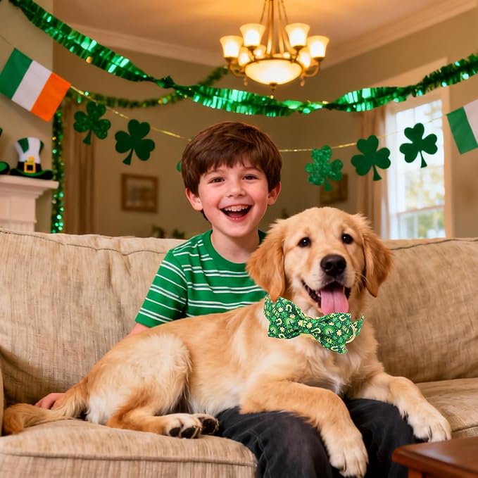 DOGWONG St. Patrick's Day Dog Collar with Bow Tie- Lucky Shamrock Bowtie Collar for Girl Boy Dog, Trefoil Dogs Collars Durable Adjustable, M