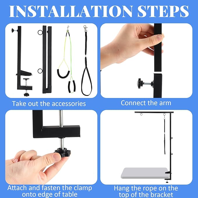 13 Pcs Adjustable Dog Grooming Arm with Clamps, Adjustable Height 27"-37", Pet Grooming Stand with Hammock and No-sit Haunch Holders, Ideal Set for Small & Medium Dogs at Home or Salons