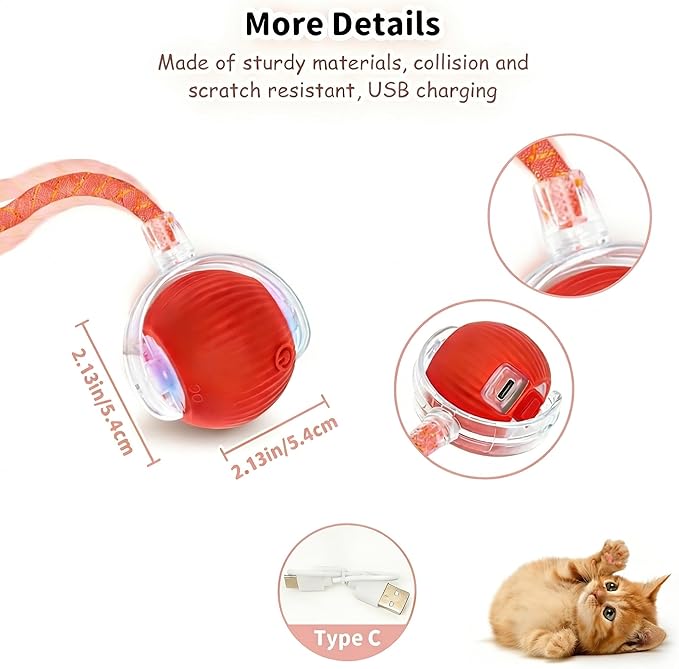 Rechargeable Smart Rolling Cat Ball, Automatic Interactive Cat Toy with 3 Modes, LED Light & 3 Replaceable Accessories, Indoor Cat Exercise Toy for Kittens & Adult Cats, for Boredom Relief red+red