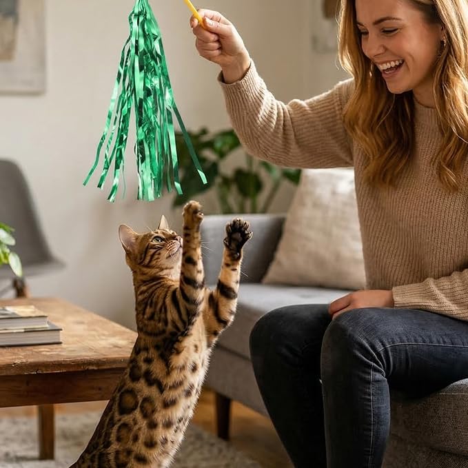 8Pcs Cat Wand Toy Replacement with Bell Metallic Foil Tassel, 9Inch Cat Wand Attachments for Most Cats Indoor Cats Interactive Chase Exercise, 4 Colors