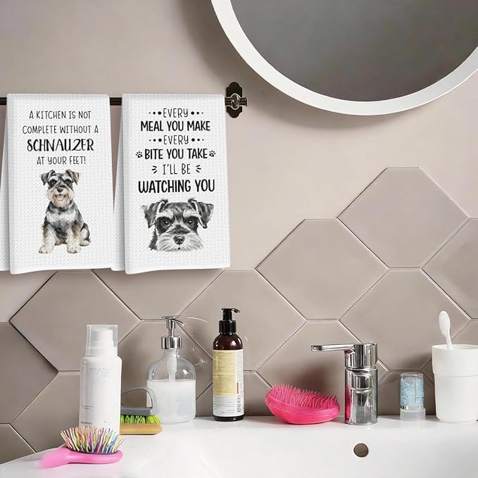 2Pcs Schnauzer Kitchen Towels 24x14 Inch, Schnauzer Gifts for Woman Mom, Reusable Waffle Weave Microfiber Absorbent Hand Tea Dish Towels for Kitchen Bathroom Decor, Dog Lovers Gifts for Women Friend