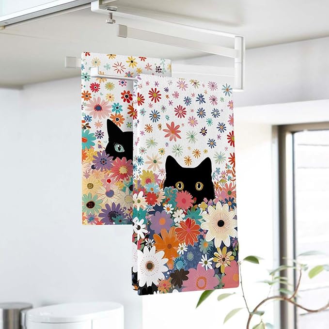 Black Cat Floral Kitchen Dish Towels Set of 2, Spring Summer Colorful Flower Drying Hand Towel Baking Cooking Cloth, Wildflower Bathroom Home Decoration Pet Cat Owner Lover Gifts 18'' x 26''
