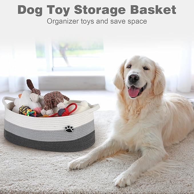 Optish Dog Toy Basket, Toy Storage Box and Bin with Handles, 19.7" X 11" X 7.9" (30L) Large Woven Rope Basket for Blankets, Living Room, Bedroom, White & Grey