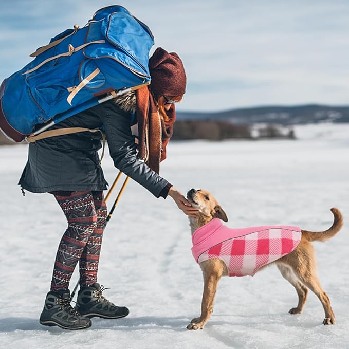 Kuoser Dog Winter Coat, Reversible Waterproof Dog Jacket with Reflective Strip, Warm Dogs Fleece Vest Adjustable Doggy Cold Weather Clothes Plaid Christmas Outfit Pet Apparel for Large Dogs, Pink 2XL