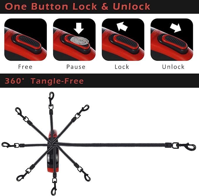 Upgraded Retractable Dog Leash, 16" Extra Long Tangle-Free Reflective Nylon, Small to Medium Dogs up to 110lbs, Waste Bags and Dispenser Included (Red)