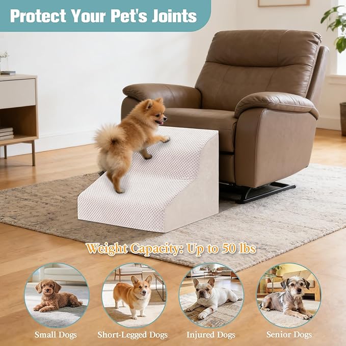 Dog Stairs for Small Dogs, 2-Step Dog Steps for Couch Sofa and Chairs, High-Density Foam Pet Steps Ramp with Removable Washable Cover for Older Injured Puppy Dogs and Cats, 11.81" H, Beige