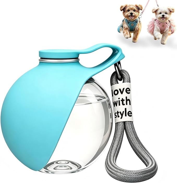 Portable Dog Water Bottle, 10 fl oz Food-Grade PET Plastic Bottle & Silicone Bowl, Leak-Proof & Compact Puppy Travel Water Bottle with Lanyard, Water Dispenser for Walking Hiking, Unprinted, Blue