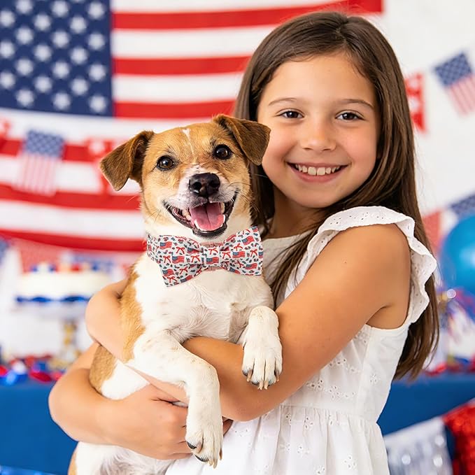 DOGWONG American Flag Dog Collar with Bow - Adjustable and Comfortable 4th of July Dog Collar Patriotic Necklace for Large Medium Small Pet,M