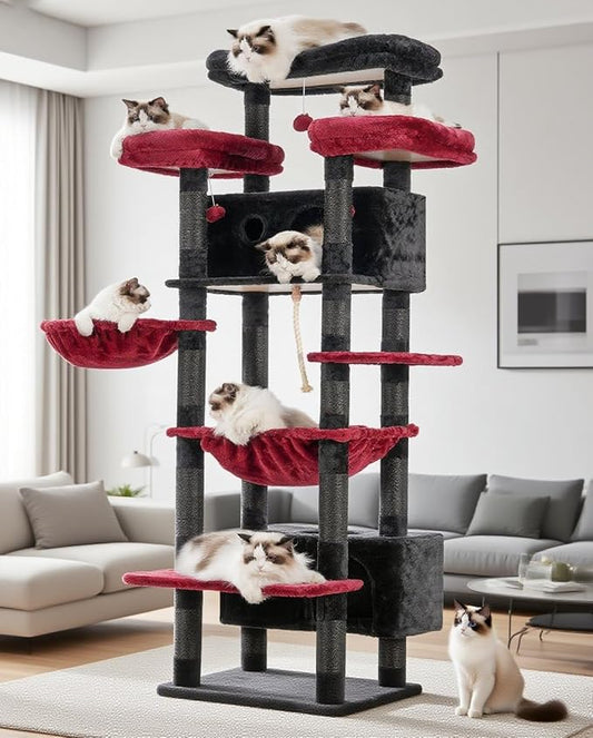 Gitelsnour Cat Tree for Indoor Cats Large Adult, 74" Cat Tower for with 3 Big Platforms, 2 Baskets, 2 Condos, Multi-Level Cat Scratching Posts, Black and Red GCT030BR