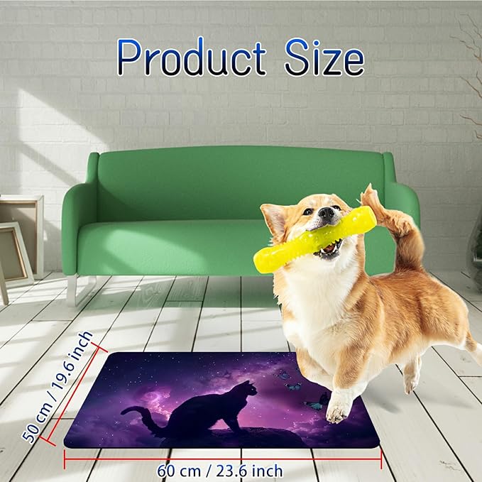 Dog Food Mat, 19.6" x 23.6" Absorbent Pet Feeding Mat for Food and Water, Waterproof Diatom Mud Pet Placemat with Non-Slip Rubber Backing, Cat Bowl Mat for Floors - Purple Cat Butterfly