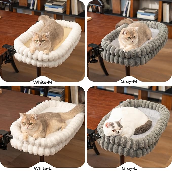 CHEERPALS Cat Desk Bed with Reversible Cushion, 90°Foldable Cat Hammock for Desk Mounted Removable & Washable, Suitable for Medium-to-Large Cats and Puppy, Cloud Series(White, Large)