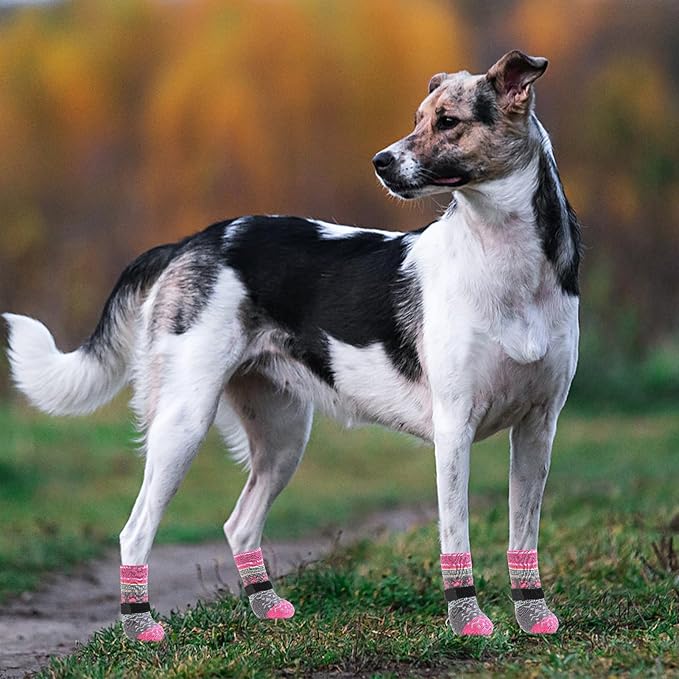 KOOLTAIL Dog Socks to Prevent Licking Paws for Hardwood Floors Anti Slip, Winter Warm Pet Boots&Paw Protector with Grippers, Double Sides Dog Shoes Booties for Small Medium Large Senior Dogs Pink XS