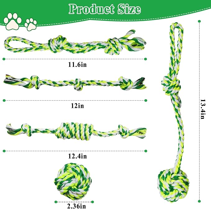 ASOCEA 5 Pack Dog Rope Toys Cotton Puppy Teething Chew Toys for Small Dogs Puppies Interactive Tug Toy for Training Fetching Boredom Relief（Green）