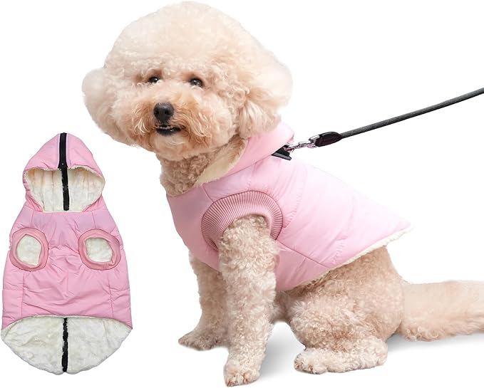 Vecomfy Fleece Lining Dog Hoodie with Harness Built in,Extra Warm Small Dog Jacket in Winter Puppy Coats with Hooded,Light Pink XS