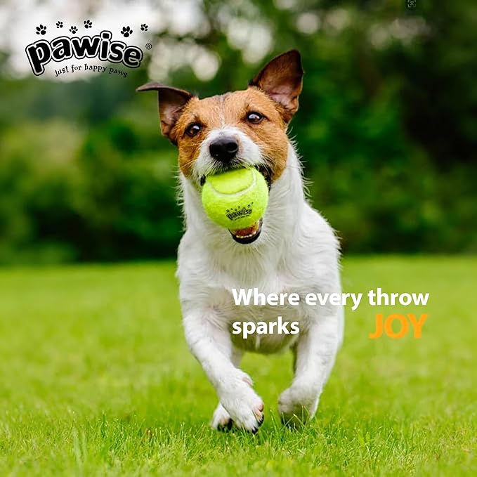 PAWISE Dog Ball Launcher for Small & Medium Dogs, 12.2" Dogs Fetch Toy with Tennis Ball + 3-Pack Squeaky Tennis Balls, Portable Hands-Free Pick-Up Thrower for Indoor & Outdoor Play