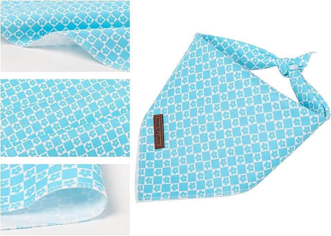 Lionet Paws Spring Summer Blue Grid Dog Bandana Washable Cotton Handkerchief Scarf Triangle Flower Bandana for Medium Large Dogs Girl Boy