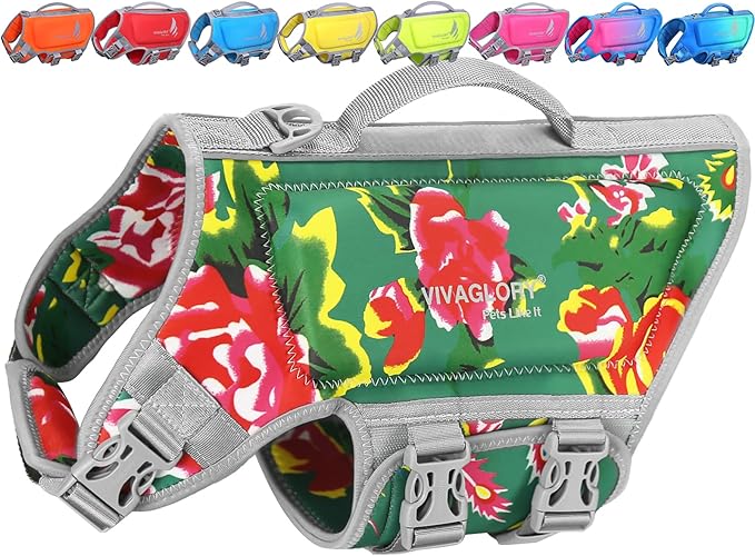 VIVAGLORY High Buoyancy Dog Life Vest, Swimming Vest with Handle, Dog Life Jacket for Swimming & Boating, Buoyancy for Puppy Doggy, S, Northeast Florals-Green