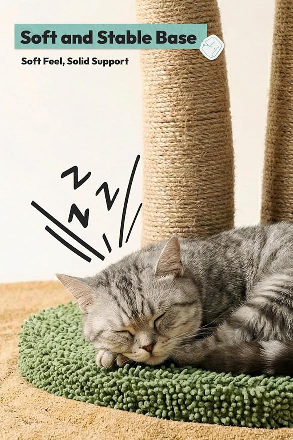 33" Tall Cat Scratching Post, Natural Jute Cat Scratcher for Indoor Cats, Double Coconut Tree Design with Hanging Toy Ball & Rest Platform,Stable Furniture Protector for Kittens & Adult Cats,M