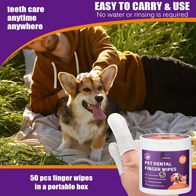 Teeth Cleaning Finger Wipes for Dogs & Cats, Soft Pet Dental Care Wipes, Disposable Pet Tooth Brushing Wipes, Gentle Cleaning & Gum Care Finger Pet Wipes (100 Wipes)