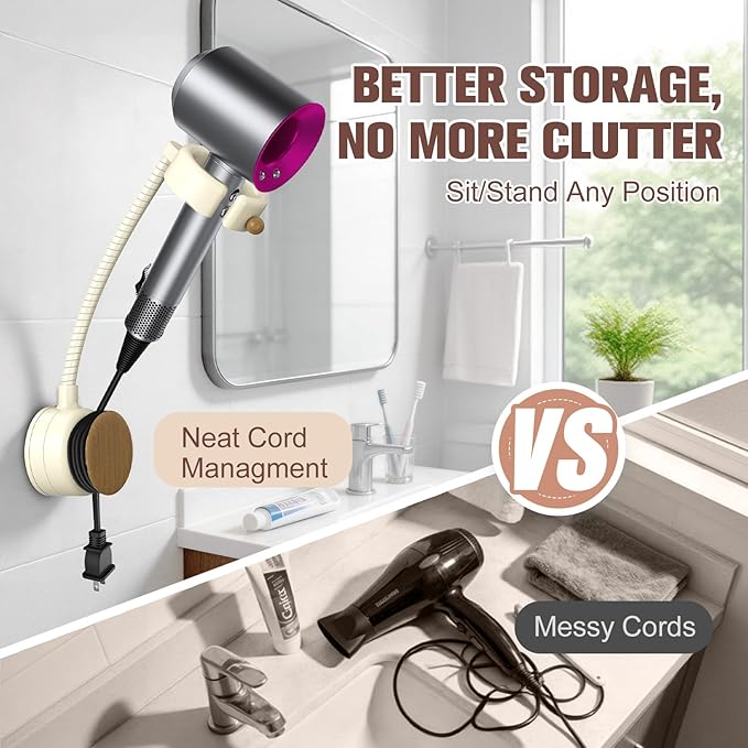 Hands Free Hair Dryer Holder Wall Mount, 360° Rotating Adjustable Height Suction Cup Blow Dryer Holder, No Drill Installation, Damage-Free Wall, with Cord Storage for Most Hair Dryers（Cream）
