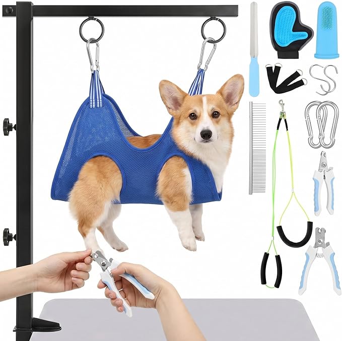 13 Pcs Adjustable Dog Grooming Arm with Clamps, Adjustable Height 27"-37", Pet Grooming Stand with Hammock and No-sit Haunch Holders, Ideal Set for Small & Medium Dogs at Home or Salons
