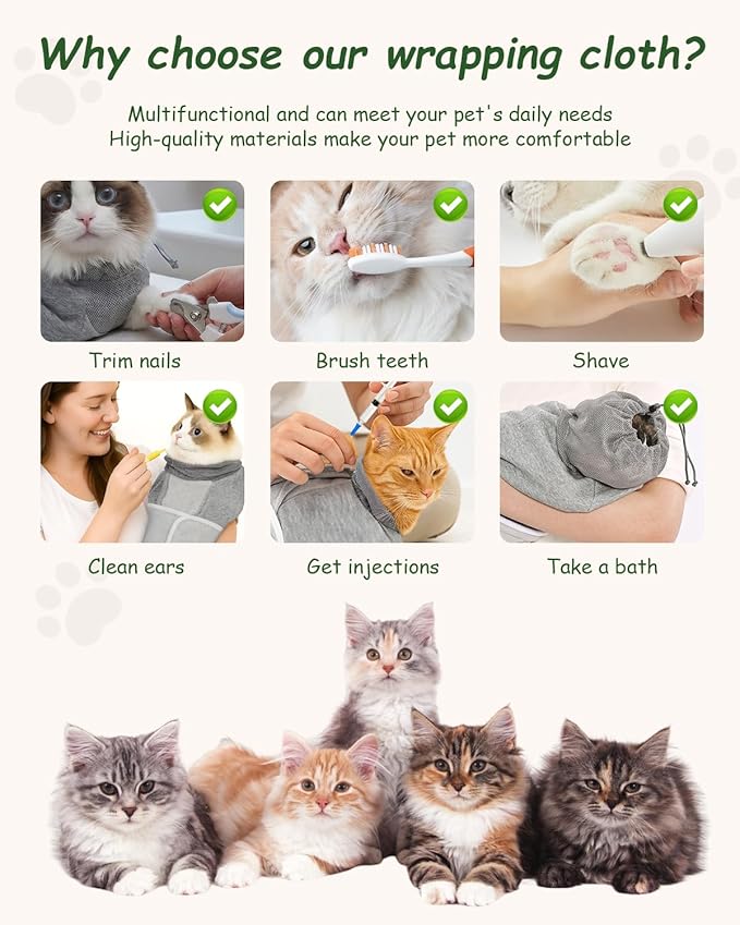 Cat Wrap Grooming Bag for Cutting Nails Washing Holder Restraint Nail Clipping Trimming Swaddle Burrito Helmet Sling Immobilizer Calm and Cozy Animal Cuts Covers Bath Hammock Bubble