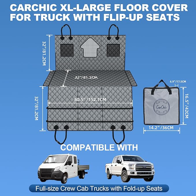 Dog Car Seat Cover for Back Seat - Waterproof Pet Hammock with Embedded Insert Door Protectors (XLarge for Crew Cab Truck with Fold‑Up Seat)