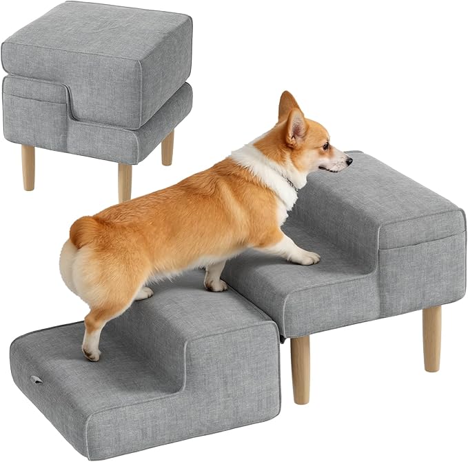 PakaLife Foldable 2-in-1 Dog Ramp Ottoman, Solid Wood Dog Steps for Bed & Couch, Washable Cover, 135lb Capacity, for Small, Senior Dogs & Old Cats to Get on Bed