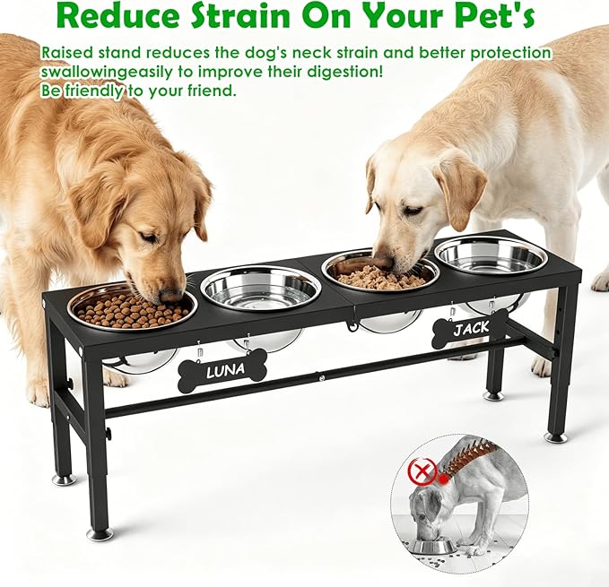 SHAINFUN Adjustable Height Dog Bowl Stand with 4 Bowls for Multi-Dog Homes– Elevated Dog Bowls for Large Breeds with Anti-Slip Mat, Raised Feeding Station with Stainless Steel Bowls