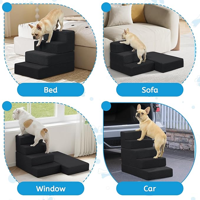 Dog Stairs for Small Dogs, 18" H Dog Steps for High Bed, 4 Steps 3 in 1 Foldable Pet Ramp for Large Cats Climb, Transformable Large Cats Ramp to Get on Couch, Non-Slip Balanced, Black