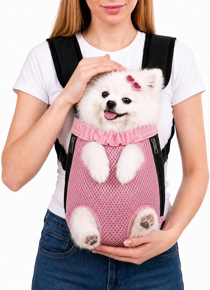 Inspack Dog Backpack Carrier/Cat Carrier, Adjustable Pet Front Carriers Travel Bag for Puppy Medium Dogs, Legs Out, Soft Ventilated Doggie Chest Carry Backpacks for Hiking/Camping, 10-16 lbs, Pink