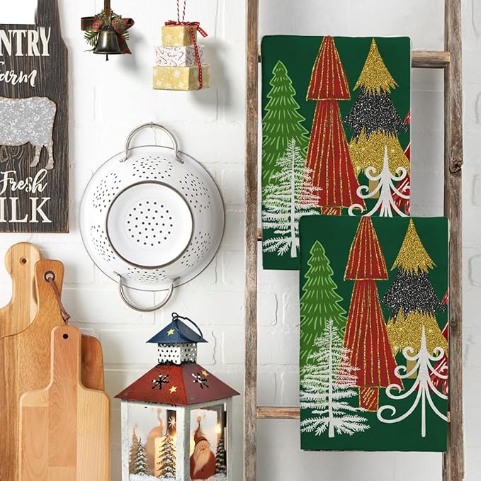 Green Red Christmas Tree Hand Towels Set of 2 Xmas Watercolor Pine Trees Absorbent Bathroom Towel Soft Decorative Towels for Bathroom, Hotel 29.1 X 13.8 Inch