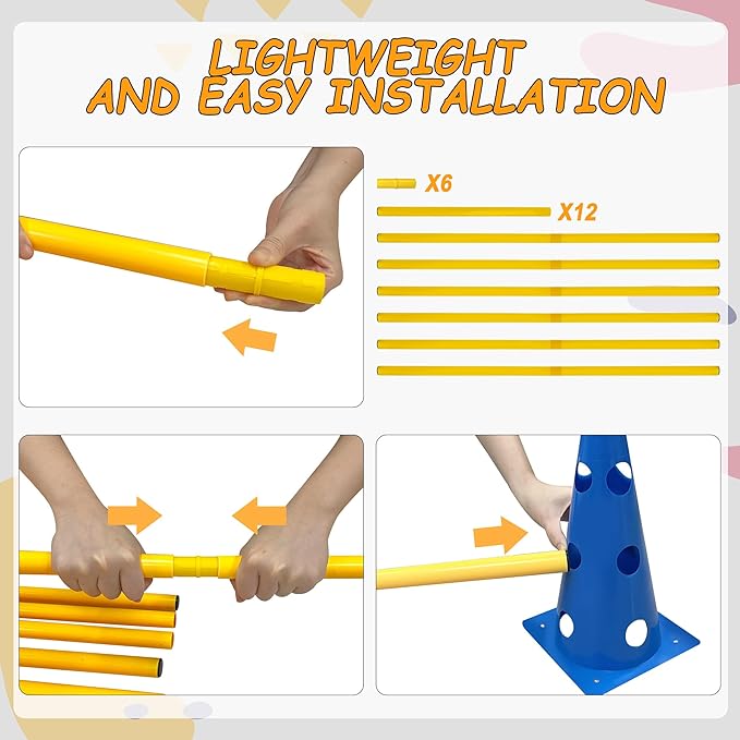 Dog Agility Hurdle Cone Set, Dog Agility Backyard Set Include Height cossbar Agility Rods, Dog Agility Equipment for Rehabilitation & Beginners(Blue+Orange)