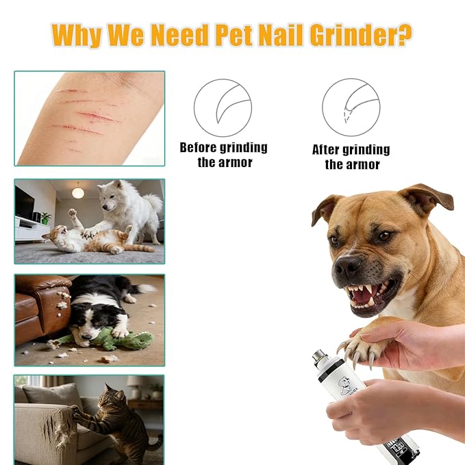 Silent Pets Nail Grinder with 2 Lights and 3 Speeds, Cordless Dog Nail Trimmers, 2000mAh Rechargeable,Painless Paws Grooming Pro for Small Medium Large Dogs & Cats (2 Replacement Heads)
