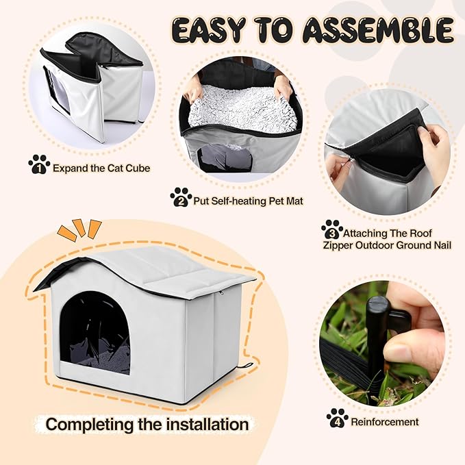 Self Heating Outdoor Cat House Weatherproof Insulated Stray Pet Feral Cat House Outdoor for Winter Collapsible Cats Shelter with Self Warming Mat Blanket and Tent Stakes for Feral Cats Dog
