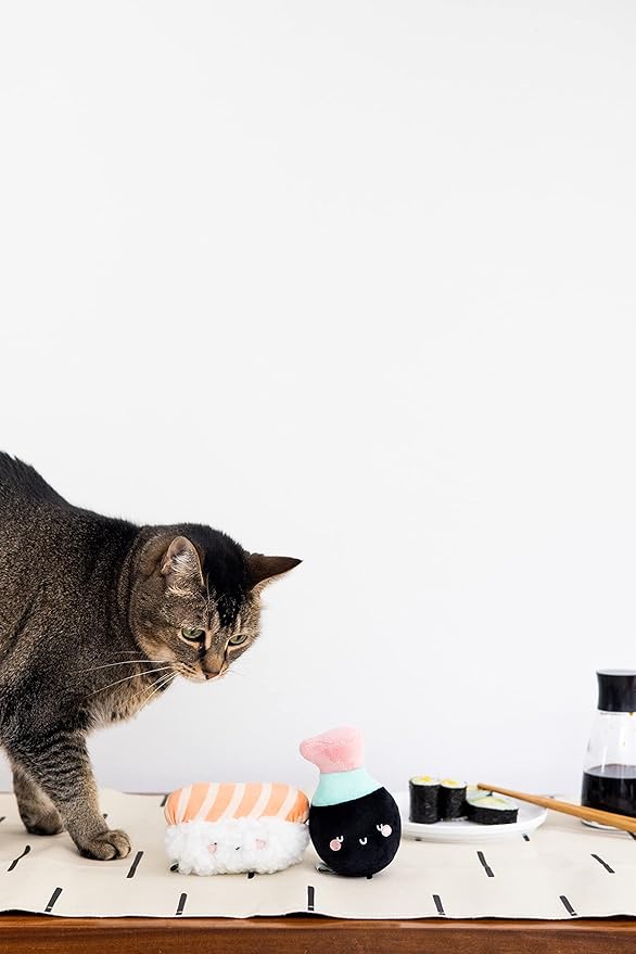 Pearhead Pet Interactive Plush, Chew, and Catnip Sushi & Soy Sauce Cat Toys, Set of 2, Owner Playtime Accessory, Must Have Kitten Accessories