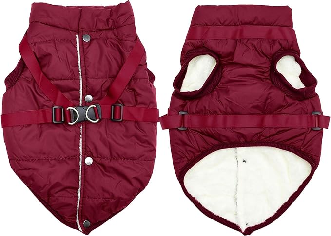 JoyDaog Dog Jacket with Harness,Fleece Lined Warm Puppy Coat for Winter,Soft Windproof Large Dog Vest,Red XXL