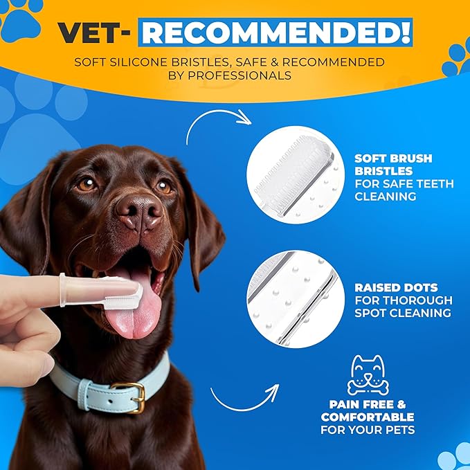 Dog Toothbrush Kit with Travel Cases – 4 Silicone Finger Toothbrushes for Dogs & Cats – Pet Dental Care, Dog Teeth Cleaning, Plaque & Tartar Control (Dog Toothbrush Kit + Dental Chew Toy)