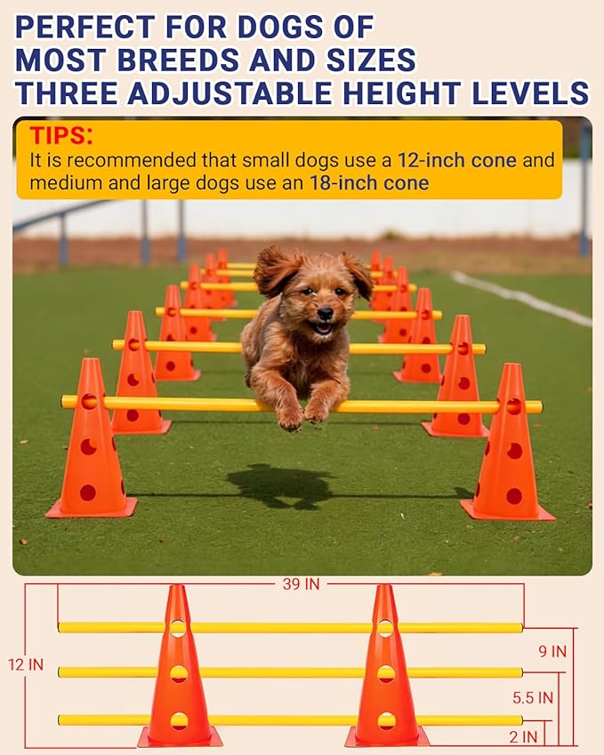 Dog Agility Course Backyard Set, Dog Agility Hurdle Cone Set with Height Adjustable Crossbar for Rehabilitation & Beginners, Dog Agility Equipment for Dog Obstacle Course - 12 Inch Orange