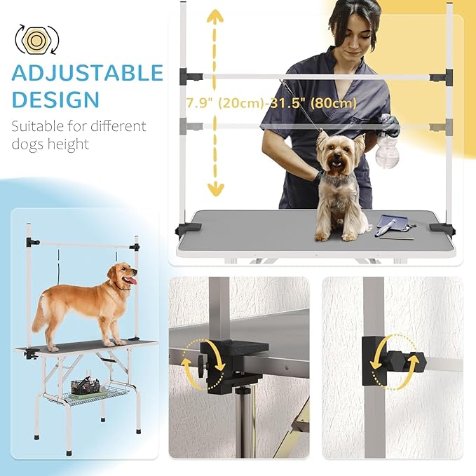 Pet Dog Grooming Table, Foldable Stainless Steel Pet Drying Grooming Table Up to 330lbs, Professional Bathing Desk for Dogs at Home with Adjustable Overhead Arms, Noose, Mesh Tray, 36''/Grey