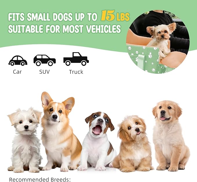 Dog Center Console Car Seat for Small Dogs Under 15lbs,Detachable Washable Booster Pet Car Seat Travel Bed with Storage Pockets and Seat Belt(Green)