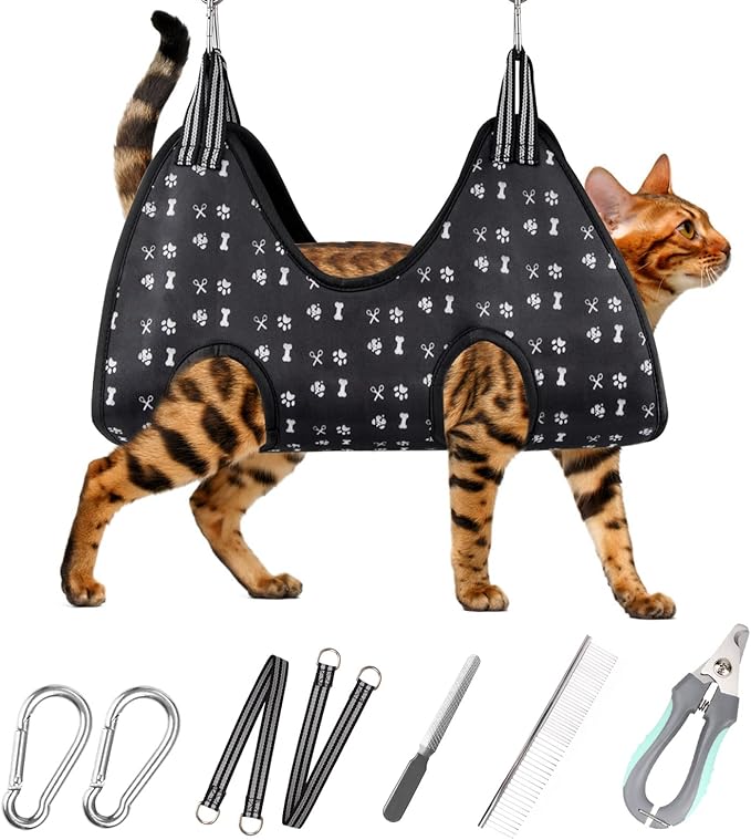 ATESON Pet Grooming Hammock Harness for Nail Trimming (XS 12lb), Sling Holder Hanger for Nail Clipping with Clippers, File, and Comb