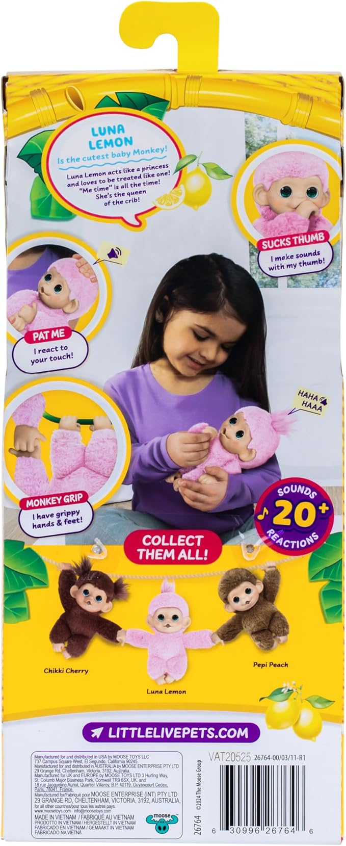 Little Live Pets Baby Monkey Minis – Luna Lemon. Interactive Pet Toy. 20+ Sounds & Reactions. Soft Pink Fur. 7.4" Tall. Feed, Nurture. React. Grippy Hands & Feet. Collect All 3