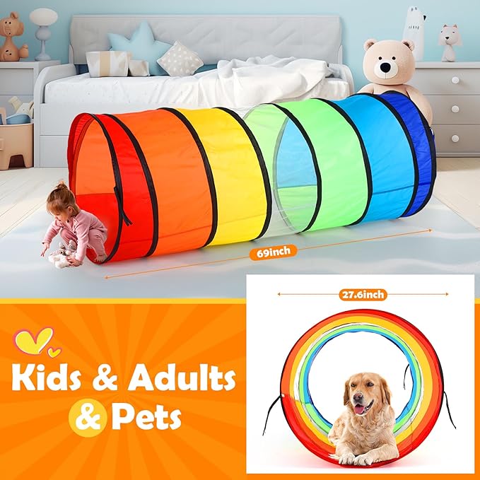 1 Pcs Giant 27.6 Inch Play Tunnel for Kids and Large Dogs Colorful Pop Up Crawl Tunnel Toy for Toddlers with Mesh Collapsible Game Tent Toy for Boy Girl Gift Summer Indoor Outdoor