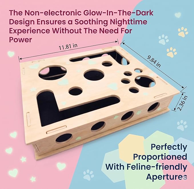 Cat Scratch Puzzle Enrichment Box: Stress-Free Alternative to Painful Trimming, Wooden Glowing Cat Nail File Scratching Box with Pre-Applied Sandpaper for Indoor Cats